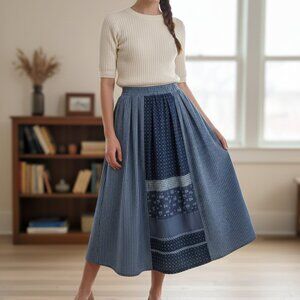 Vintage Sigikid Skirt Patchwork Blue Striped Prairie Cottagecore German Folk 80s